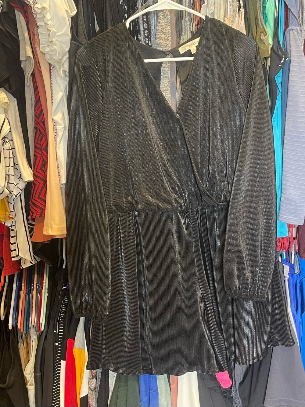 Rewind Black Shimmer Long-Sleeve Wrap-Style Romper